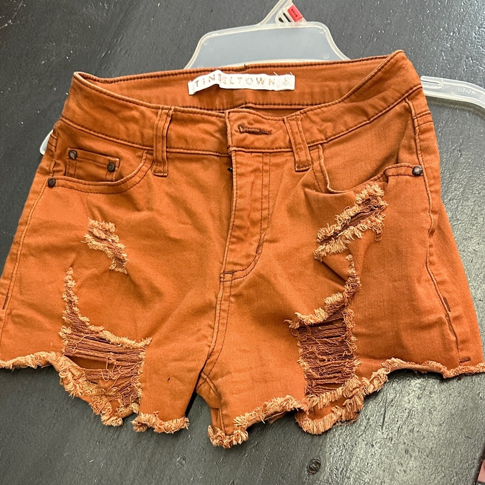 Tinseltown Rust Orange Distressed High-Rise Denim Shorts